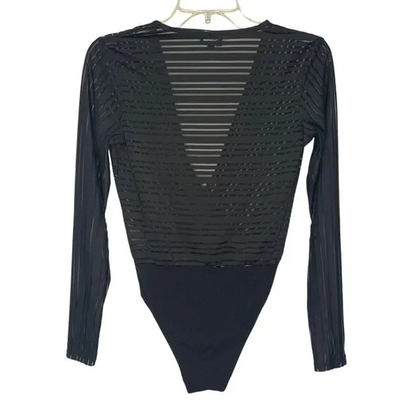 BARDOT From Aritzia Black Semi-Sheer Striped V-Neck Wrap Front Bodysuit Size 2 - Picture 6 of 7
